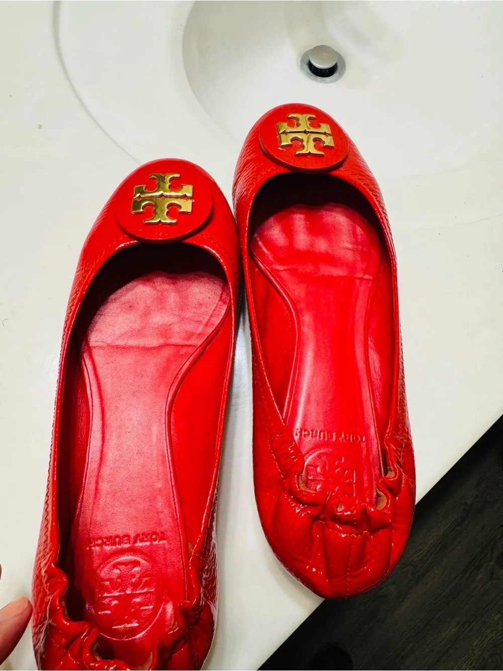 Tory Burch Red Patent Logo Ballet Flat with Gold Emblem